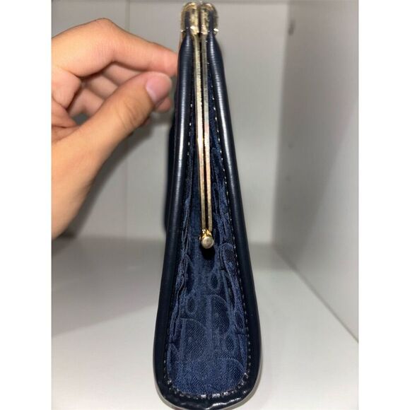 Christian Dior Vintage Trotter Clutch Handbag Navy Blue Canvas Gold Hardware - Picture 3 of 6